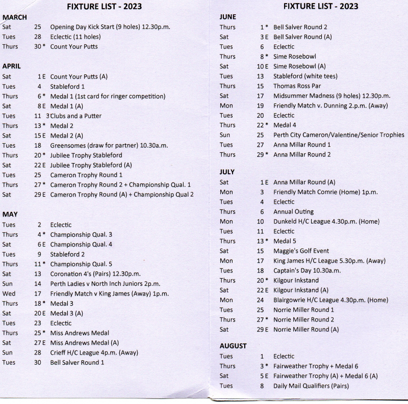 Perth Ladies Golf Club Perth Perth and Kinross Scotland Fixtures